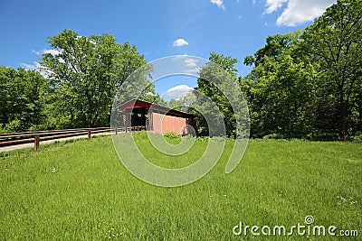 Landscape with Sarvis Fork Creek Covered bridge, 1887 Stock Photo