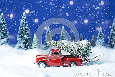 Old Red Truck with Christmas Tree Stock Photo