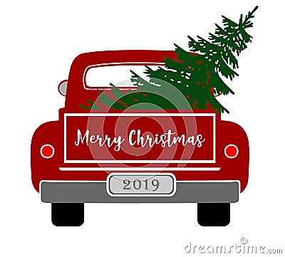 Old red truck with pine tree Stock Photo