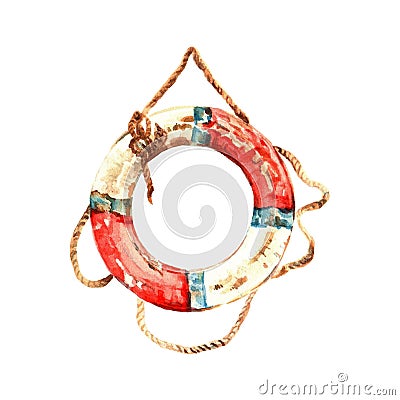 Old red and white lifebuoy with rope. Nautical object isolated on white background. Hand drawn marine watercolor illustration Cartoon Illustration
