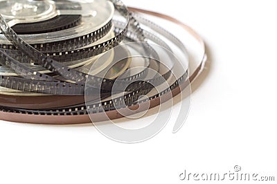 Old reels with black and white film and magnetic tape Stock Photo