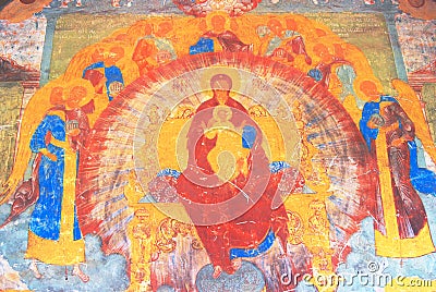 Old religious painting. Church of Saint Nicolas in Yaroslavl, Russia. Stock Photo