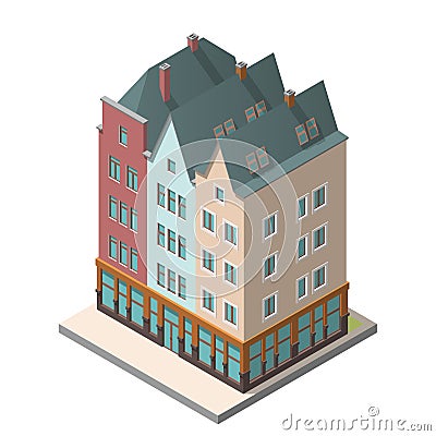 The old residential building in European style with an attic floor Vector Illustration