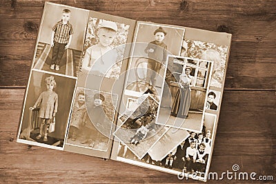 Old retro album with vintage monochrome photographs in sepia color, the concept of genealogy, the memory of ancestors, family ties Stock Photo