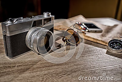 Old retro analog photo camera and accessories travel Stock Photo