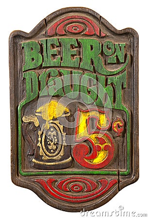 Old Retro Antique Draft Beer Sign Isolated, White Stock Photo