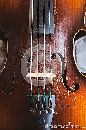 Old retro antique violin sound board detail top view, f-holes, sound box body seen from above, abstract classical music themed Stock Photo