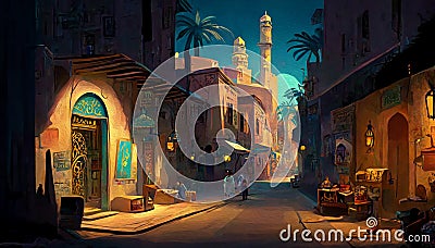 Old retro arabian street cityscape art cartoon drawing illustration oil painting style background Cartoon Illustration