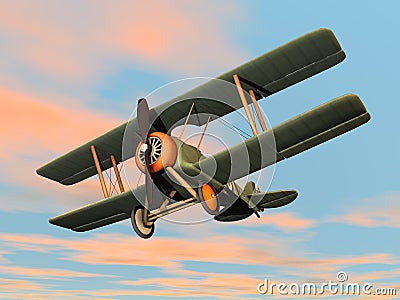 Old retro biplane flying in the sky - 3D render Stock Photo