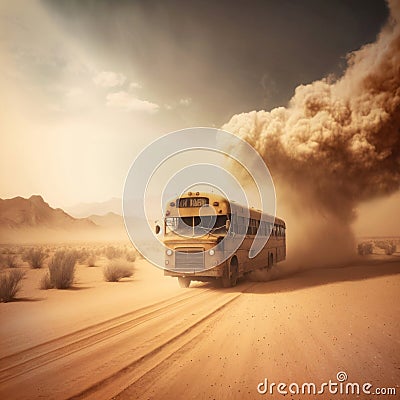 An old retro bus rides along a road in the desert against the backdrop of a sandstorm. AI generated Stock Photo