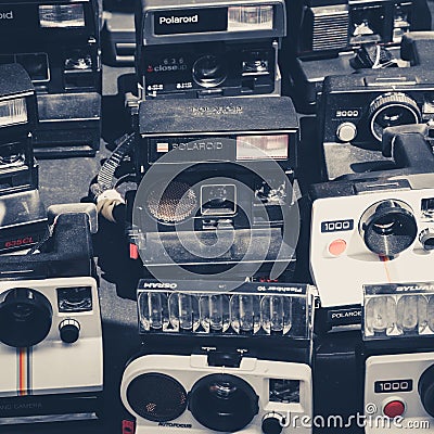 Old retro camera / vintage polaroid camera collection Editorial Stock Photo
