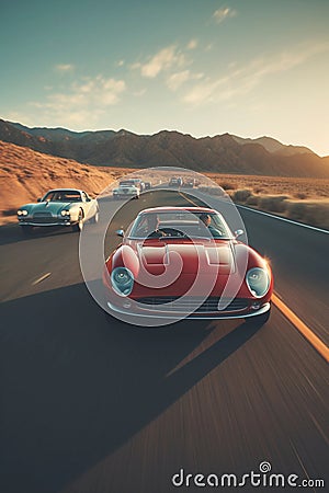 Old retro classic supercar red moves at high speed. Stock Photo