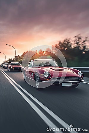 Old retro classic supercar red moves at high speed. Stock Photo