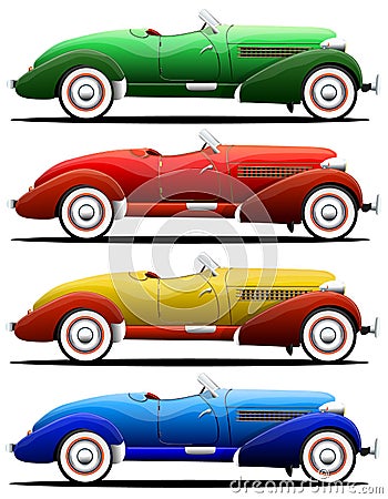 Old retro convertible car of different colors, side view. Vector illustration on a white background. Vector Illustration