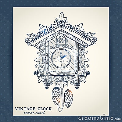 Old retro cuckoo clock postcard Vector Illustration