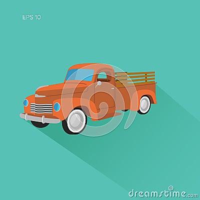 Old retro farmer pickup truck flat design vector illustration icon. Vector Illustration