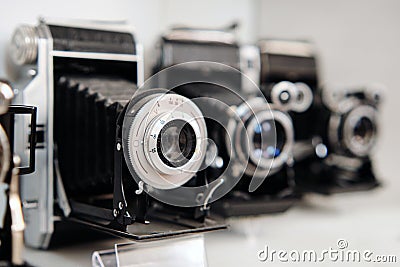 Old retro film analogue cameras collection. Group of Old Retro Analog Photo Cameras Stock Photo