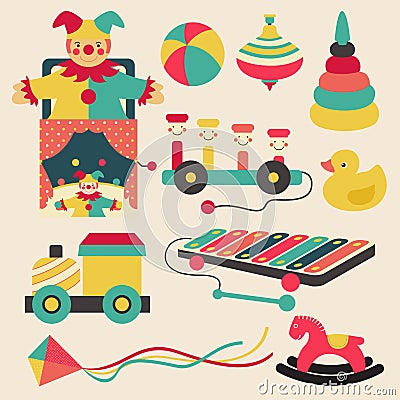 Old retro kid toys and circus carnivals object flat icon design Vector Illustration