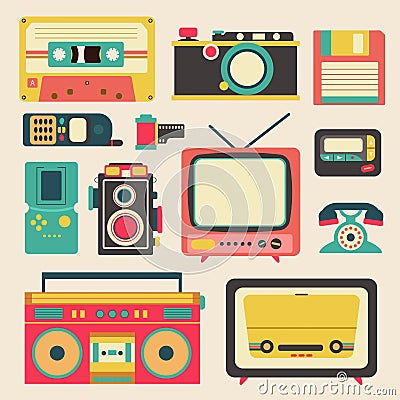 Old retro media communication technology such as mobile phone Vector Illustration