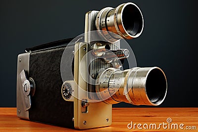 Old retro movie camera. Video shooting and blogging. Stock Photo