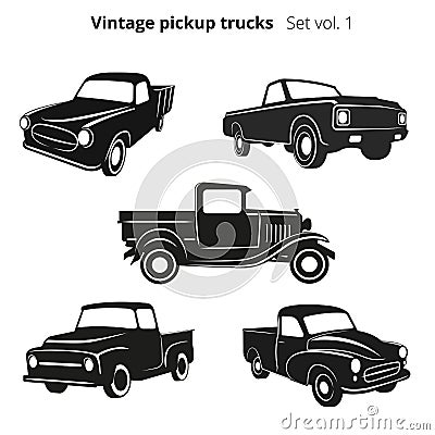 Old retro pickup trucks vector illustration set. Vintage transport vehicle Vector Illustration