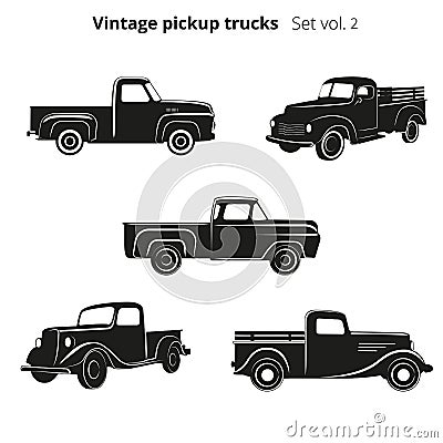 Old retro pickup trucks vector illustration set. Vintage transport vehicle Vector Illustration