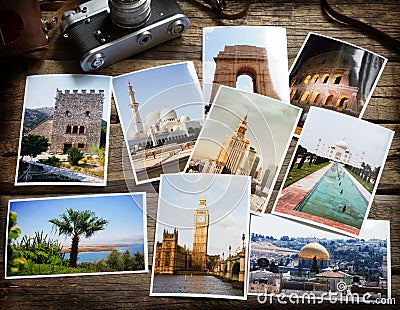 Old retro pictures and camera on wooden table globetrotter photography travel collage concept Stock Photo