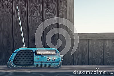 Old retro radio receiver on a wooden table background. Dark room with light window through wood wall and blue vintage antique Vector Illustration