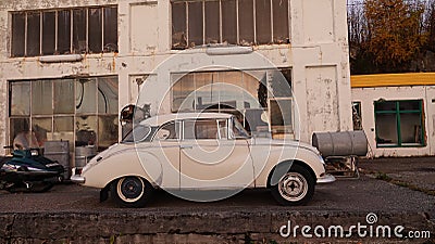 Old retro Saab in front of vintage BP Gasstation in Tingvoll in Norway Editorial Stock Photo