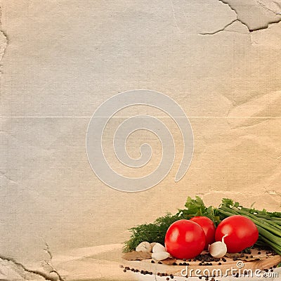 Old retro torn blank recipe book with photo of tomato Stock Photo