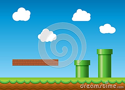 Old retro video game background. Classic retro style game design scenery Vector Illustration