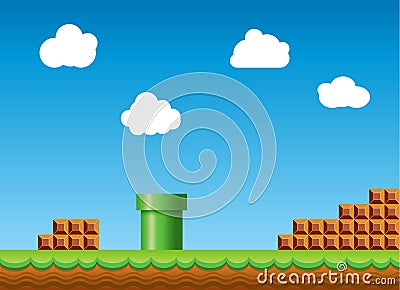 Old retro video game background. Classic retro style game design scenery Vector Illustration