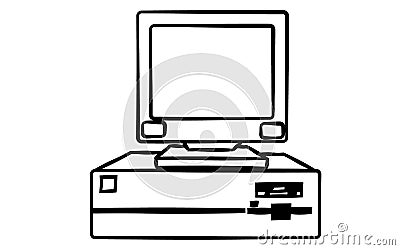 Old retro vintage antique hipster obsolete stationary personal computer with a system unit and a flop bottom on a white background Vector Illustration