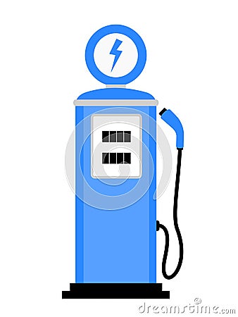 Old retro and vintage fuel station with outlet to charge electric vehicle Vector Illustration