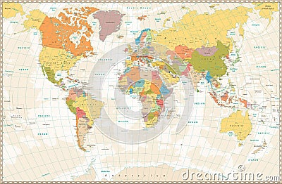 Old retro World Map with lakes and rivers Vector Illustration