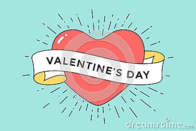 Old ribbon with message Valentine Day and red heart Vector Illustration