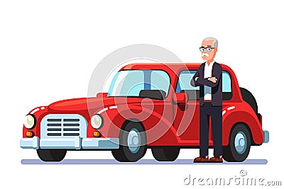 Old rich man standing next to expensive retro car Vector Illustration