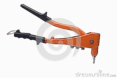 Old Rivet tool or Pop Rivet Gun for Metal, Wooden and Plastic on whi Stock Photo