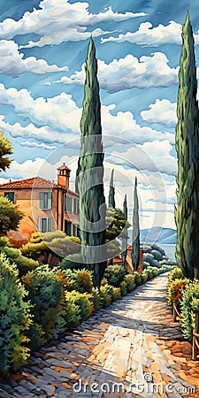 Tuscan Countryside Street By Oil Painting With Cypress Trees And Blue Sky Stock Photo