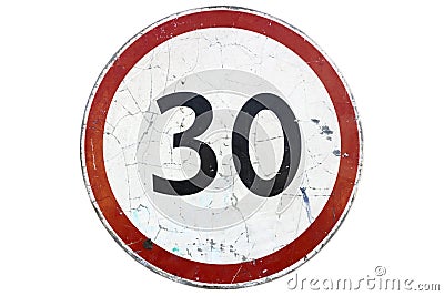 Old road sign `Speed limit 30` isolated on white Stock Photo