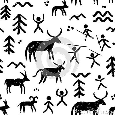 Cave paintings vector seamless pattern, black and white repetitive background inspired by prehistoric art with cavemen hunting ani Vector Illustration