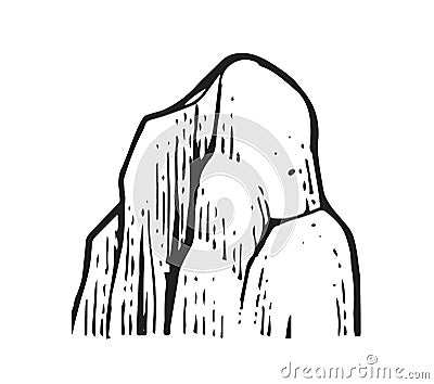 Old rock. Piece of cliff. In style of contour engraving. Outline sketch. Hand drawing is isolated on white background Vector Illustration