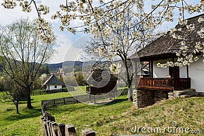 Old romanian peasant courtyard in Village Museum, Valcea, Romania Stock Photo