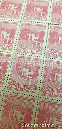 House of Construction, Romanian royal stamps for a social insurance house from the interwar period Editorial Stock Photo