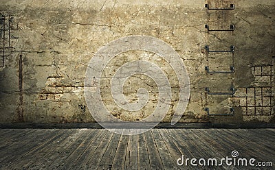 Old room with damaged concrete wall and wooden planks floor. 3d Stock Photo