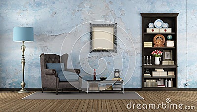 Old room with dark wooden bookcase Stock Photo