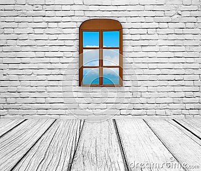 Old room interior, brick wall, woden floor and window Stock Photo