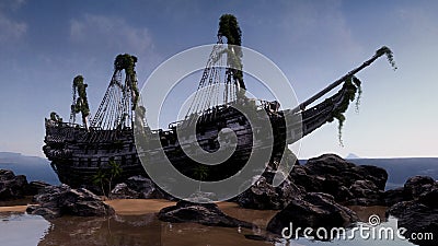 Old rotting wooden pirate ship wreck stranded on rocks by the sea. 3D illustration Stock Photo