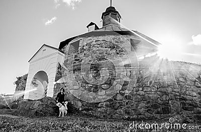 Old round tower, Korela fortress, with sun flare Editorial Stock Photo