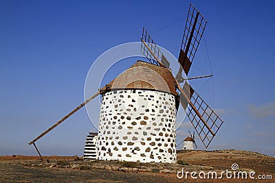 Old round windmill in Villaverde, Fuerteventura Stock Photo